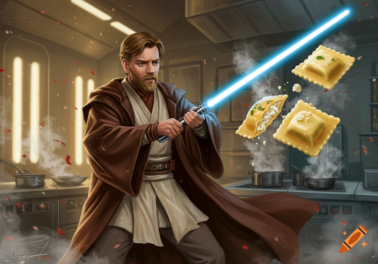 Obi-Wan Kenobi in a kitchen, using his blue lightsaber to slice a flying ravioli in half. Digital art.