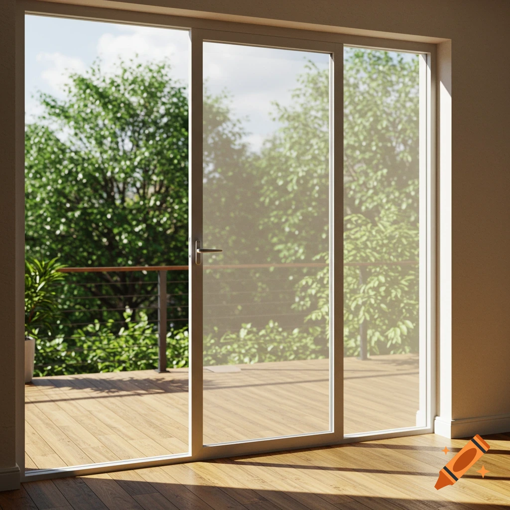 A modern glass patio door looking out onto a sunny wooden deck and lush green trees, with light shining on the wooden floor.