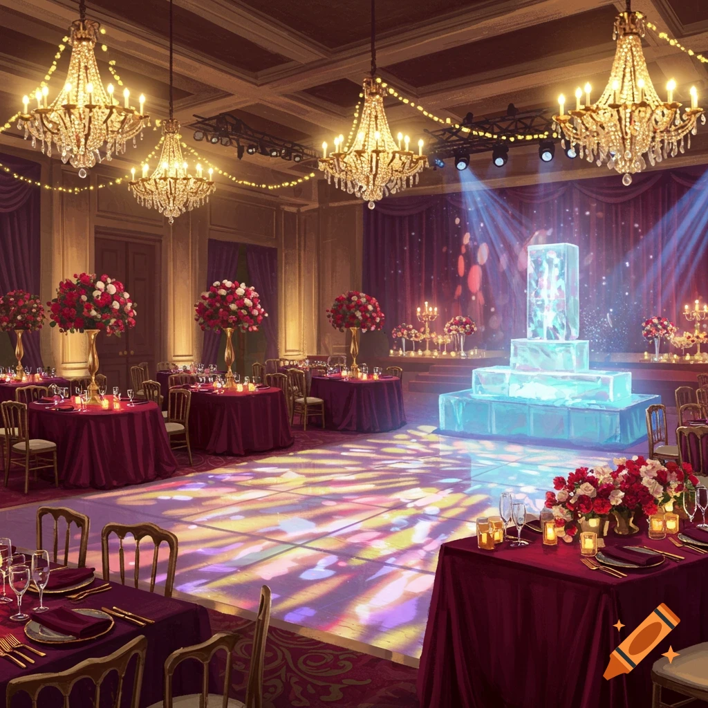 A lavish event hall decorated with sparkling chandeliers, red floral arrangements, round tables, and an illuminated ice sculpture on a stage.
