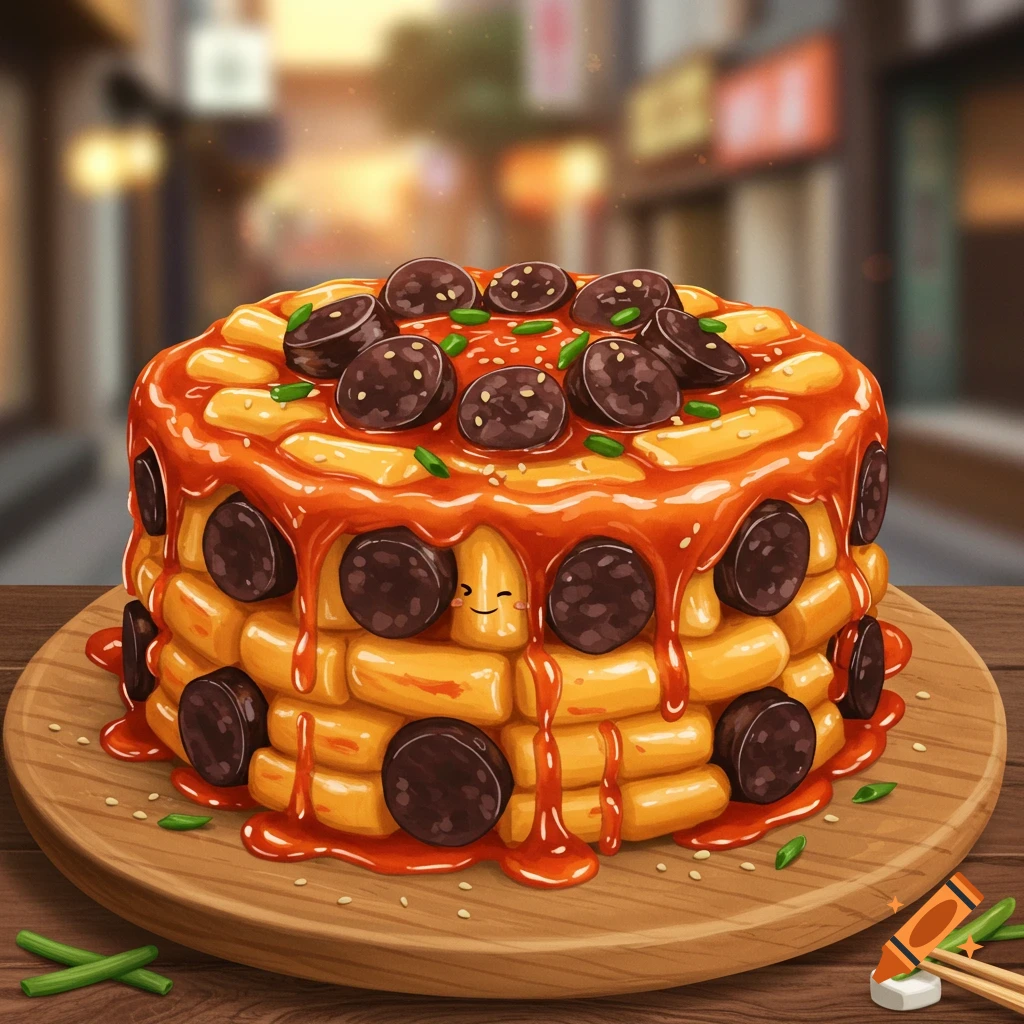 A cartoonish tiered cake made of tteokbokki rice cakes and sundae, covered in red sauce, green onions, and sesame seeds, on a wooden board.