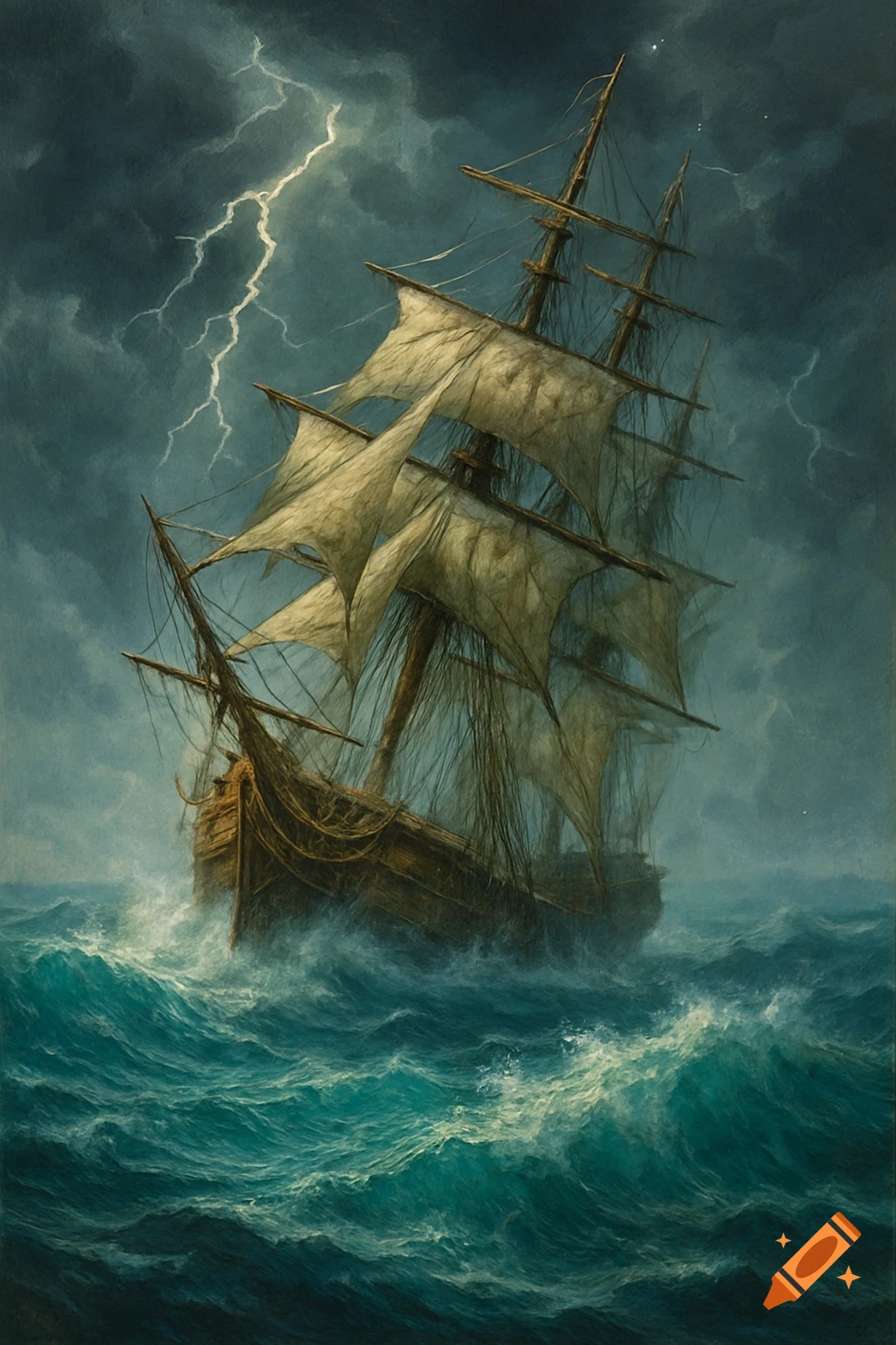 Dramatic painting of a three-masted ship in a stormy sea with lightning and crashing waves.