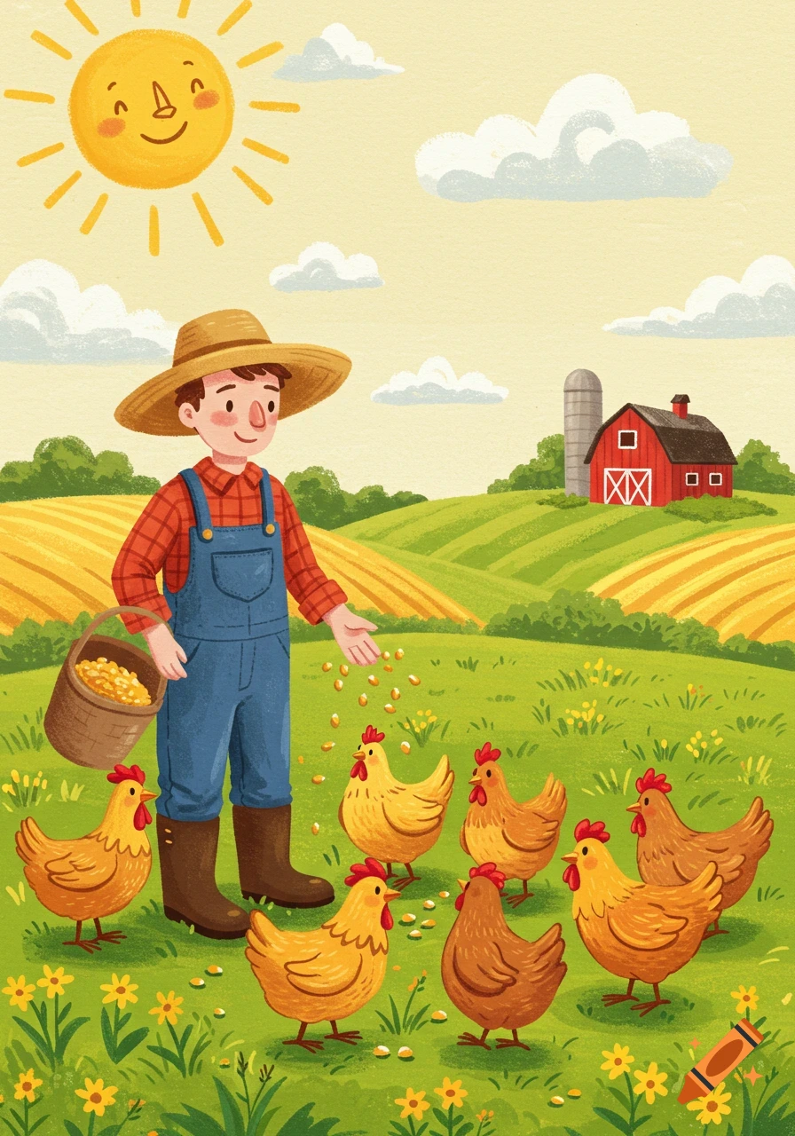A cheerful cartoon farmer in overalls and a straw hat feeds chickens in a green field with a red barn under a smiling sun.
