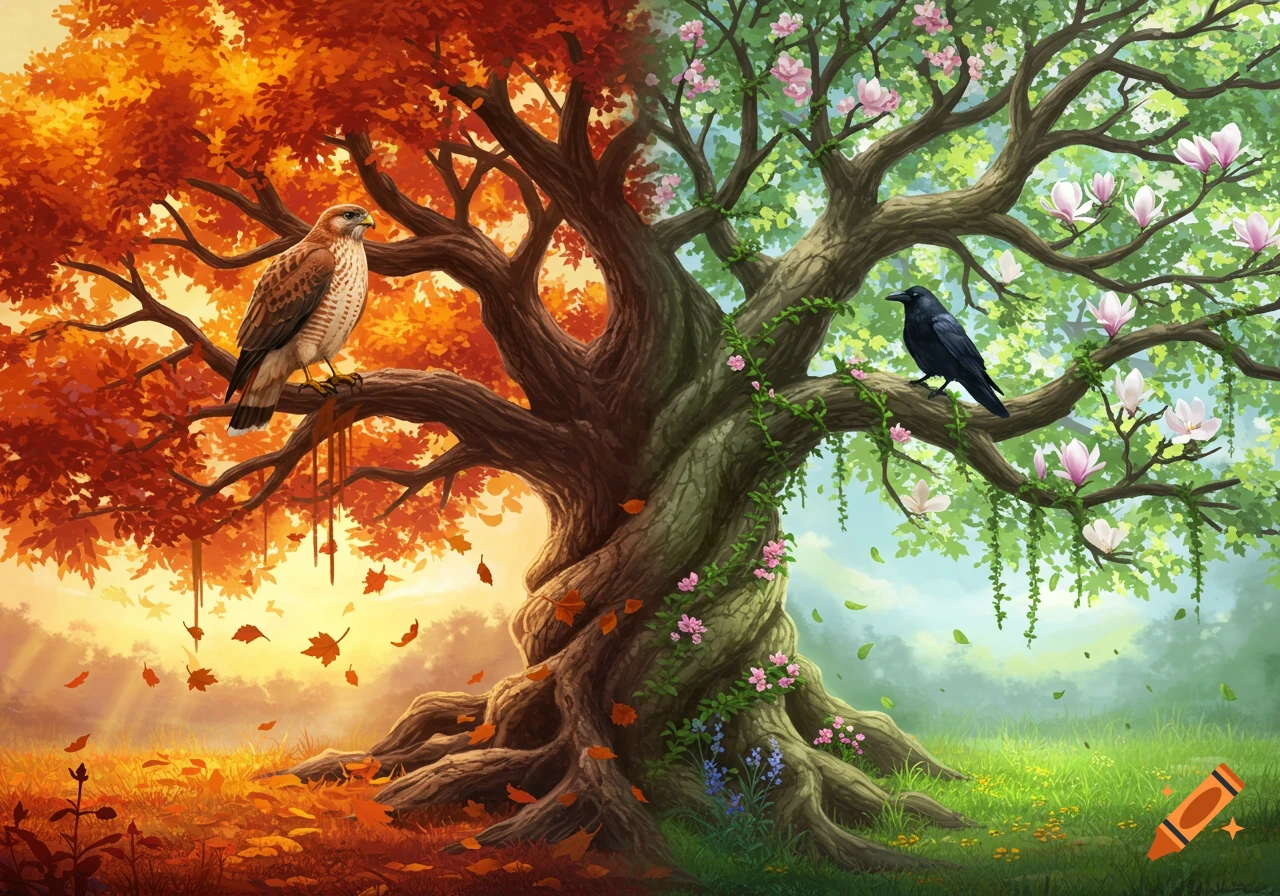 An ancient tree split between vibrant autumn with a hawk and lush spring with a crow, in an illustrative style.