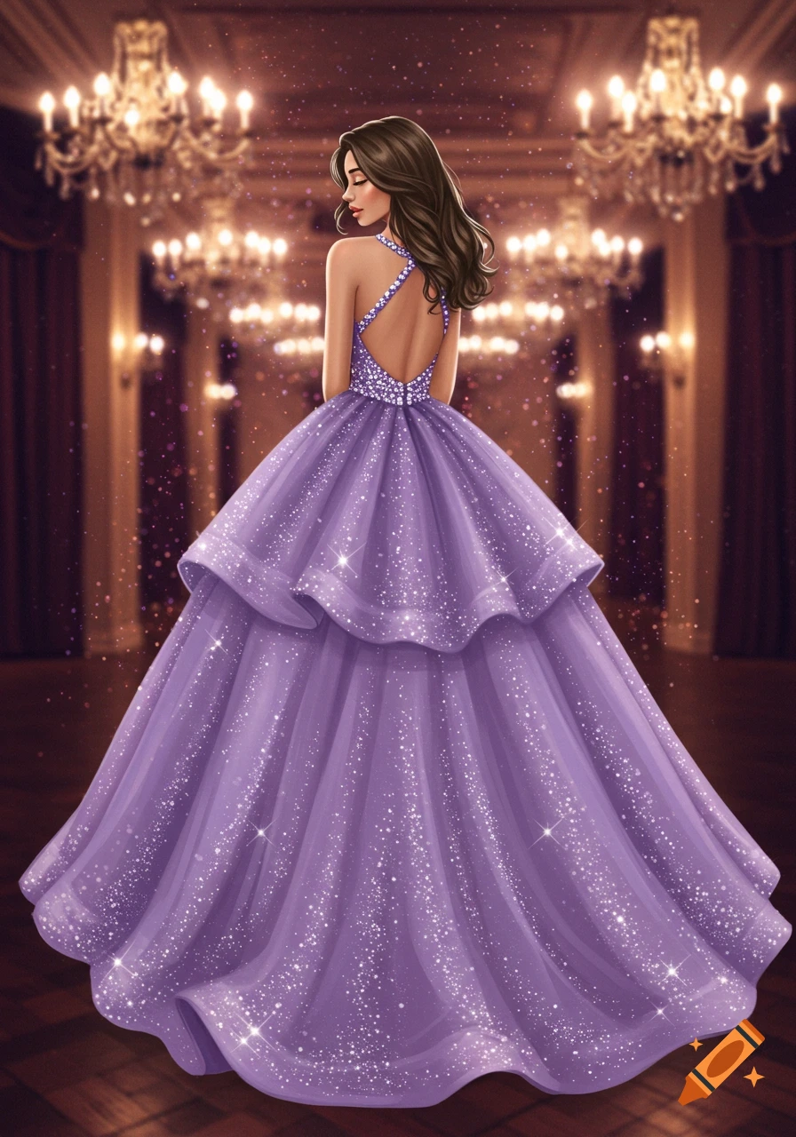 Illustrated woman in a sparkly, puffy purple open-back gown in an elegant ballroom with chandeliers.