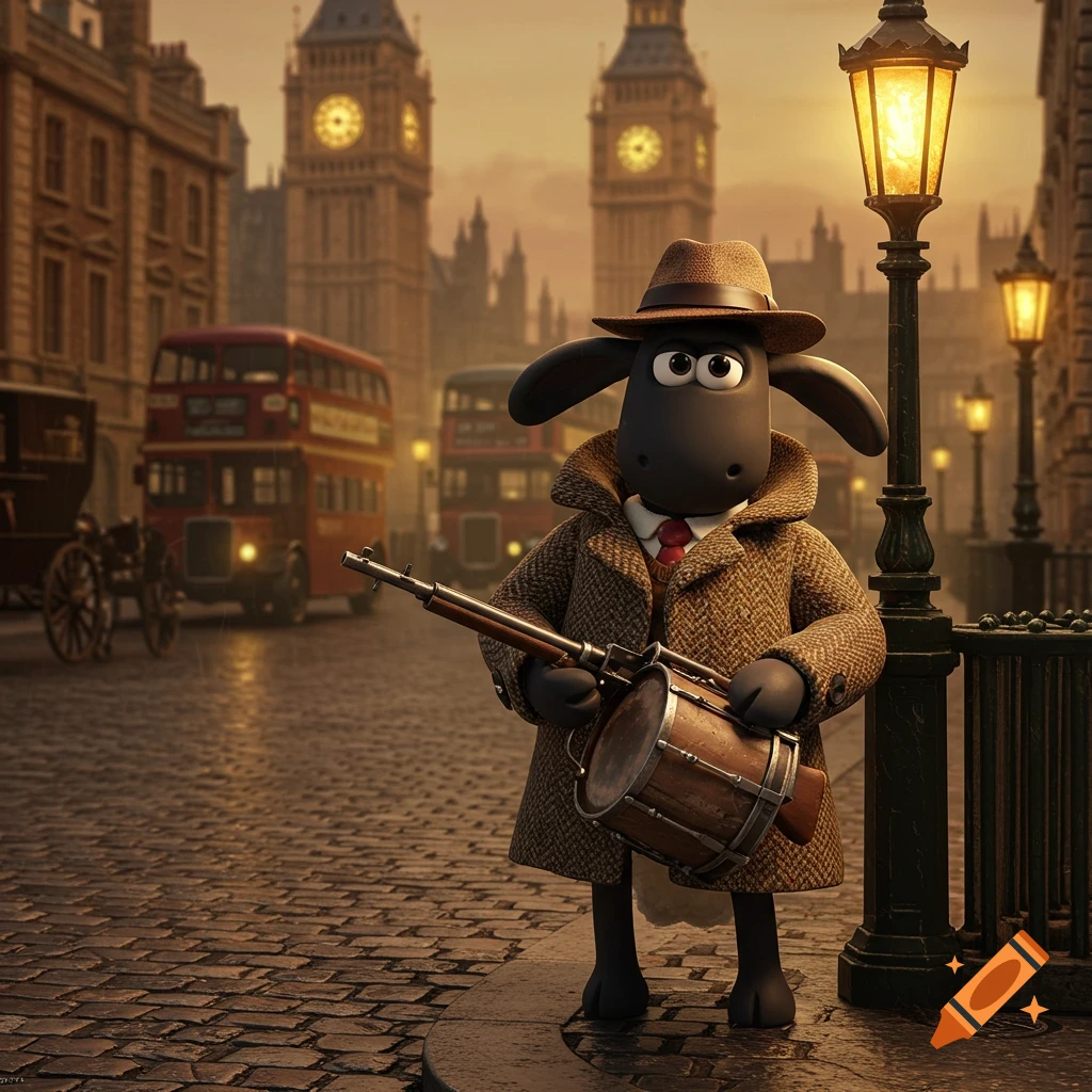 Shaun the Sheep in a trench coat and fedora holds a drum-fed rifle on a wet London street with Big Ben in the background.