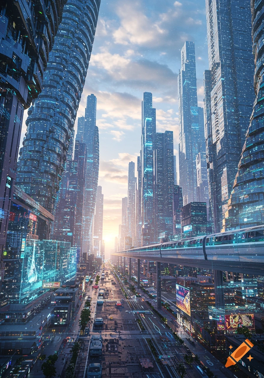 A futuristic cityscape at sunset, with towering skyscrapers, an elevated monorail, and busy streets filled with vehicles.