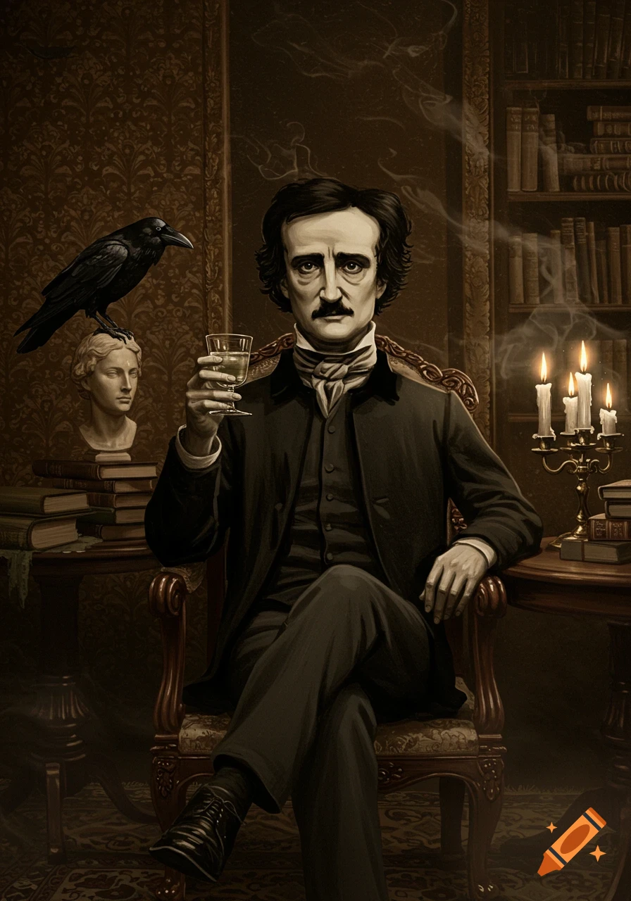 An illustration of Edgar Allan Poe in a dark study, holding a glass, with a raven on a bust and lit candles.