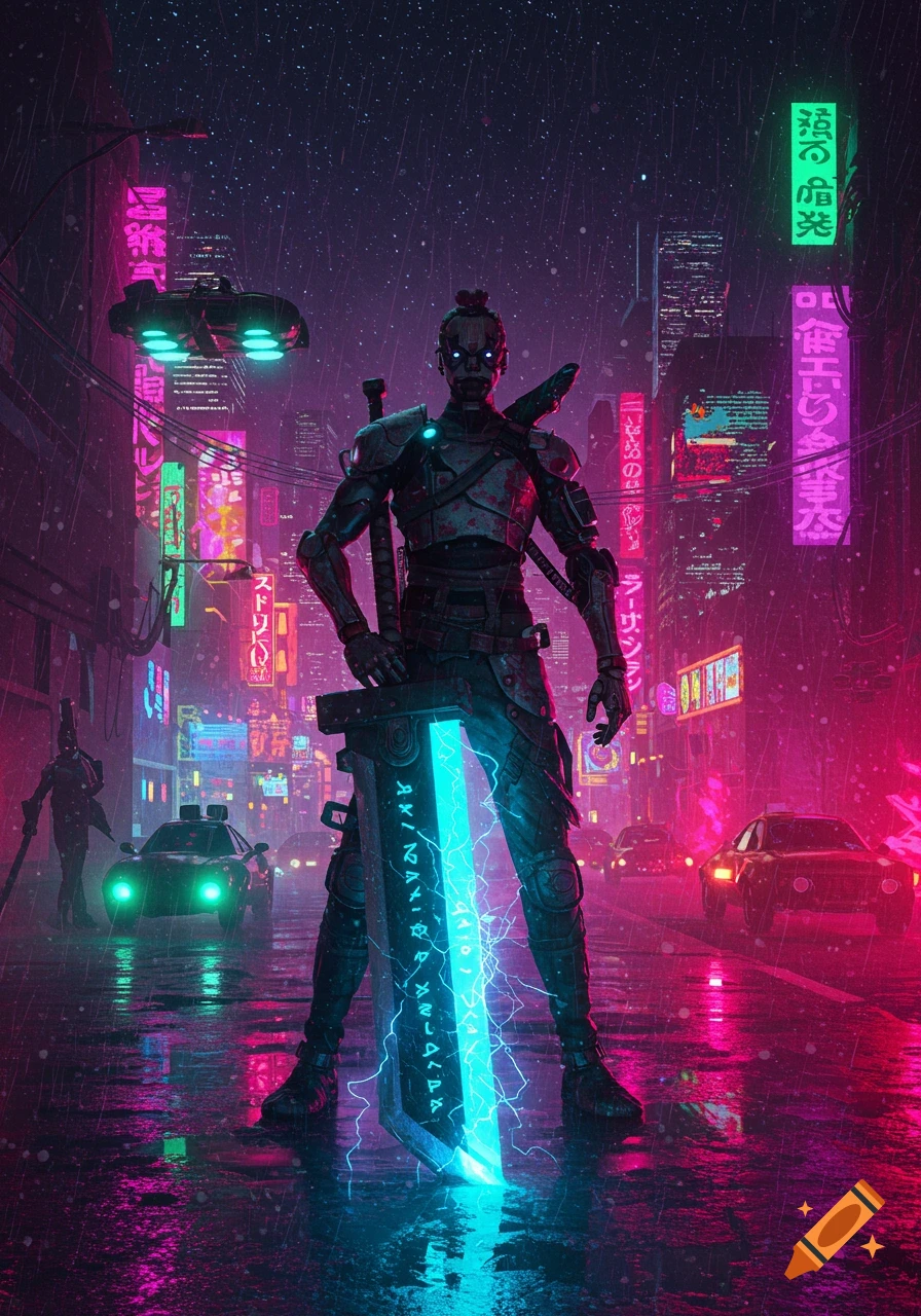 A warrior in futuristic armor holding a glowing broadsword in a neon-lit cyberpunk city during rainfall.