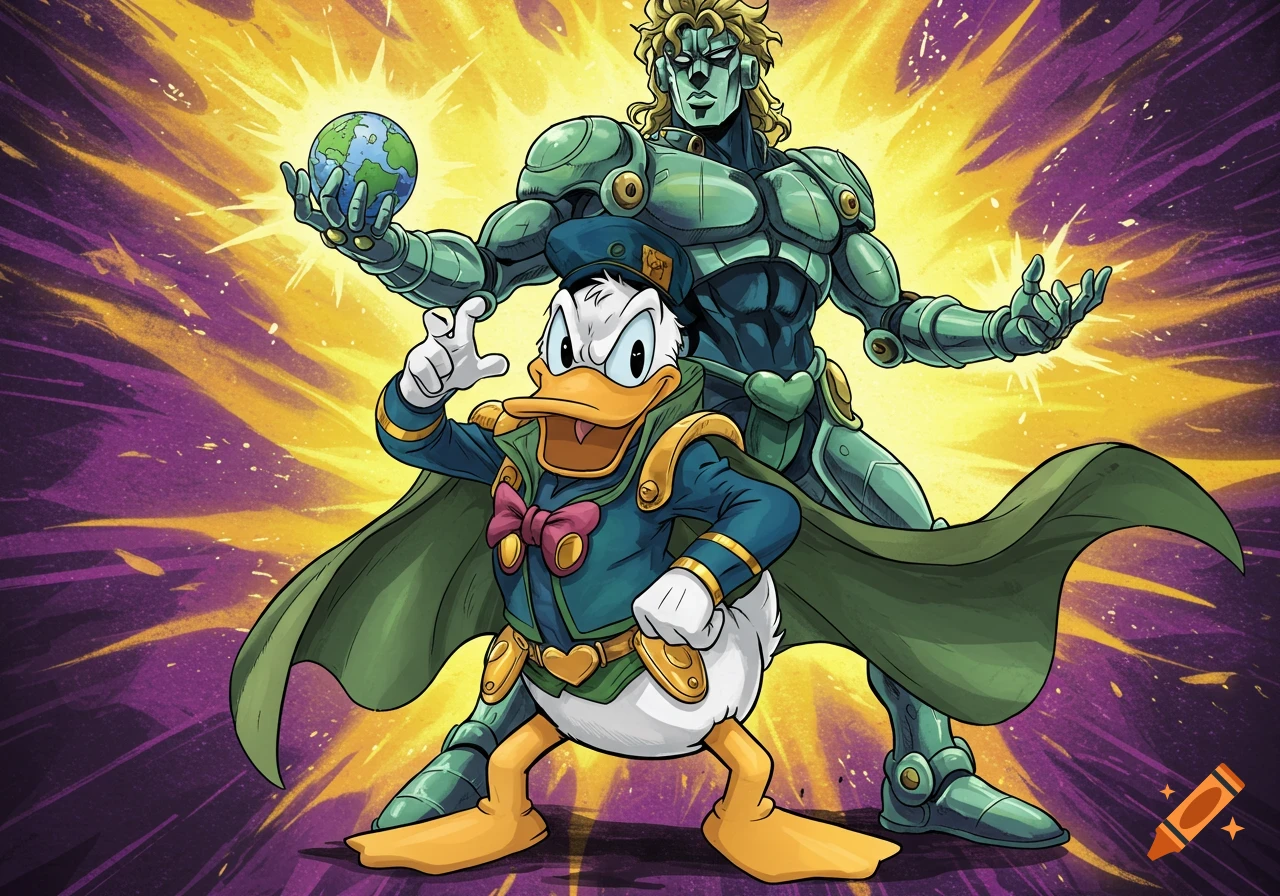 Cartoon illustration of Donald Duck dressed as Dio Brando with Dio Brando in armor behind him holding a globe, Jojo artstyle.