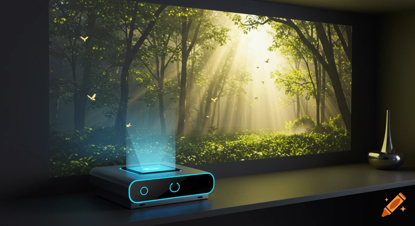 A sleek, modern projector casts a photorealistic forest scene with sunbeams and flying creatures onto a wall in a dark room.