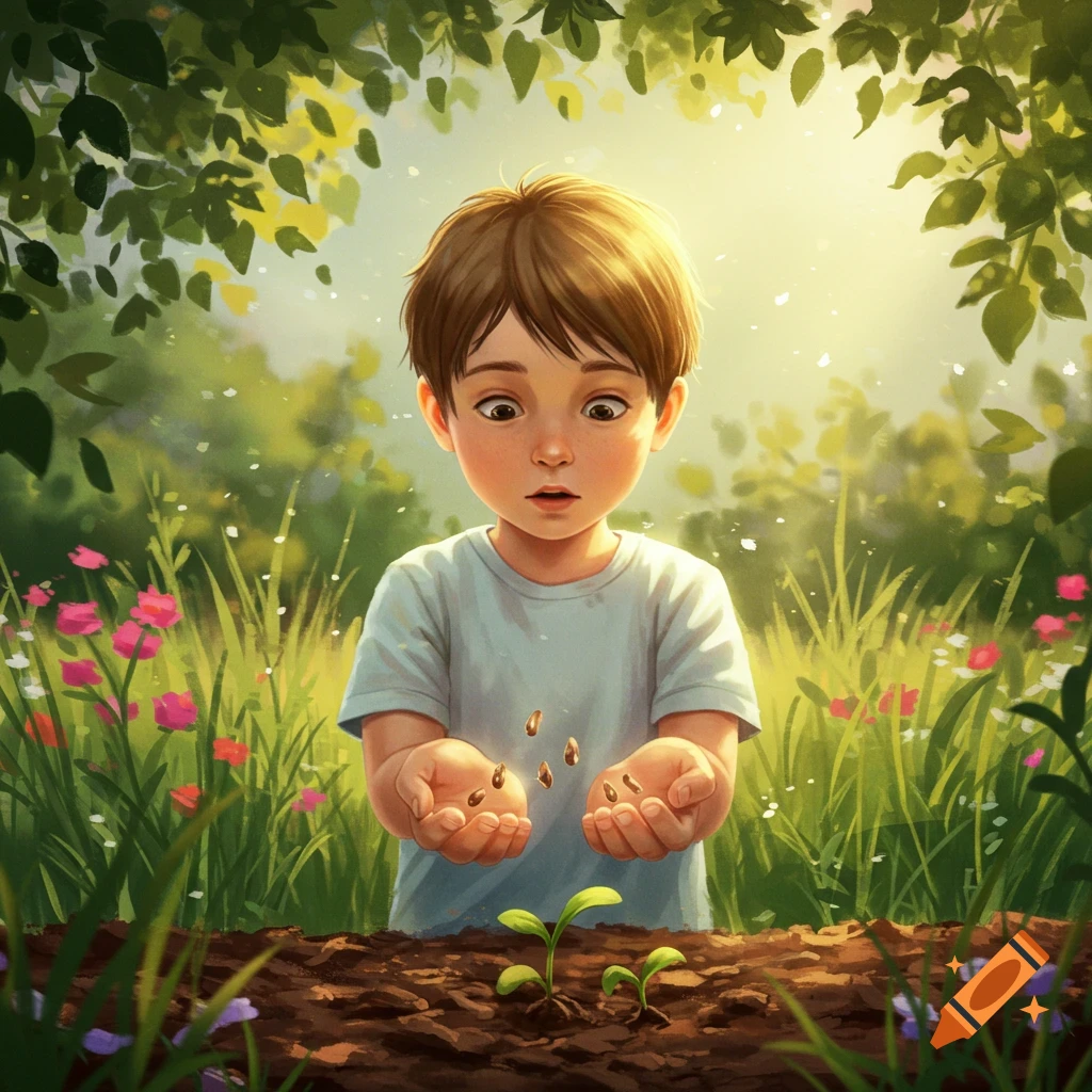 A young boy with wide eyes holds seeds over two small sprouts in a sunny, green garden, illustration.