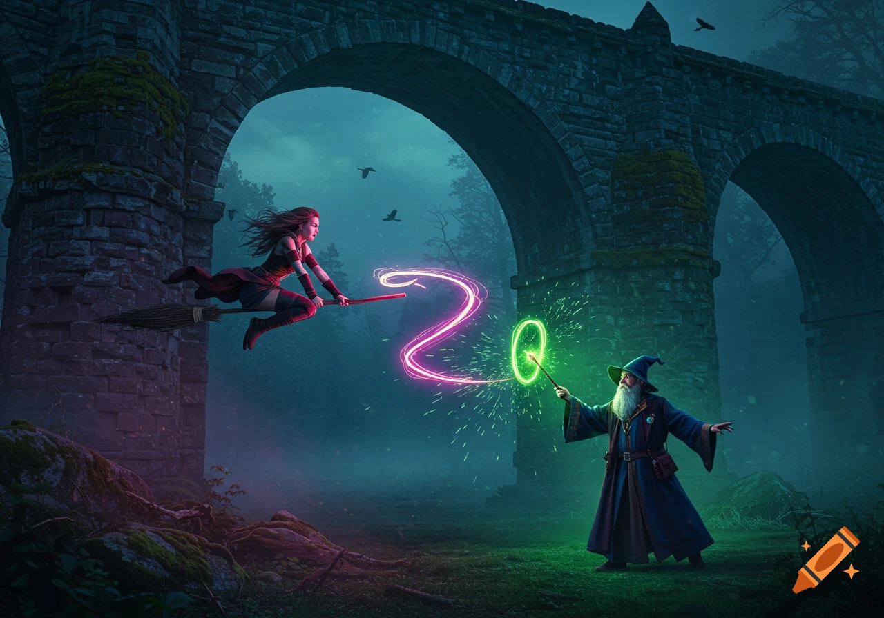 A witch on a broom flying past a wizard casting a green spell under an arched stone bridge in a dark fantasy scene.