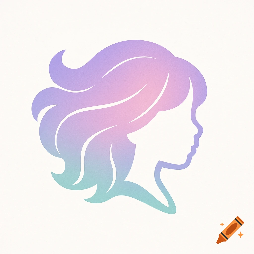 A stylized silhouette logo of a woman's head with flowing hair, featuring a purple to teal gradient.