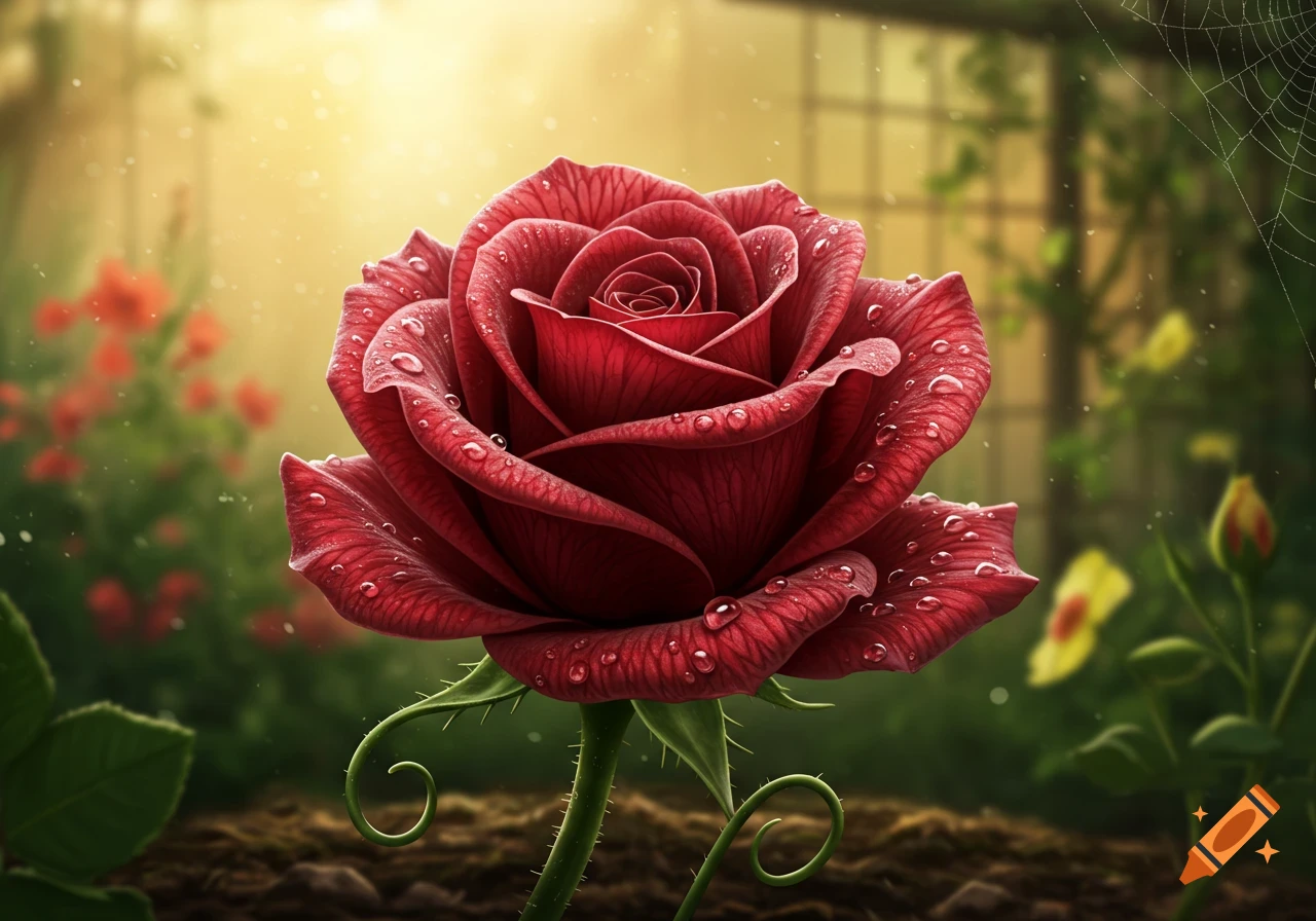 Close-up of a vibrant red rose covered in water droplets, glistening in a sunny garden.