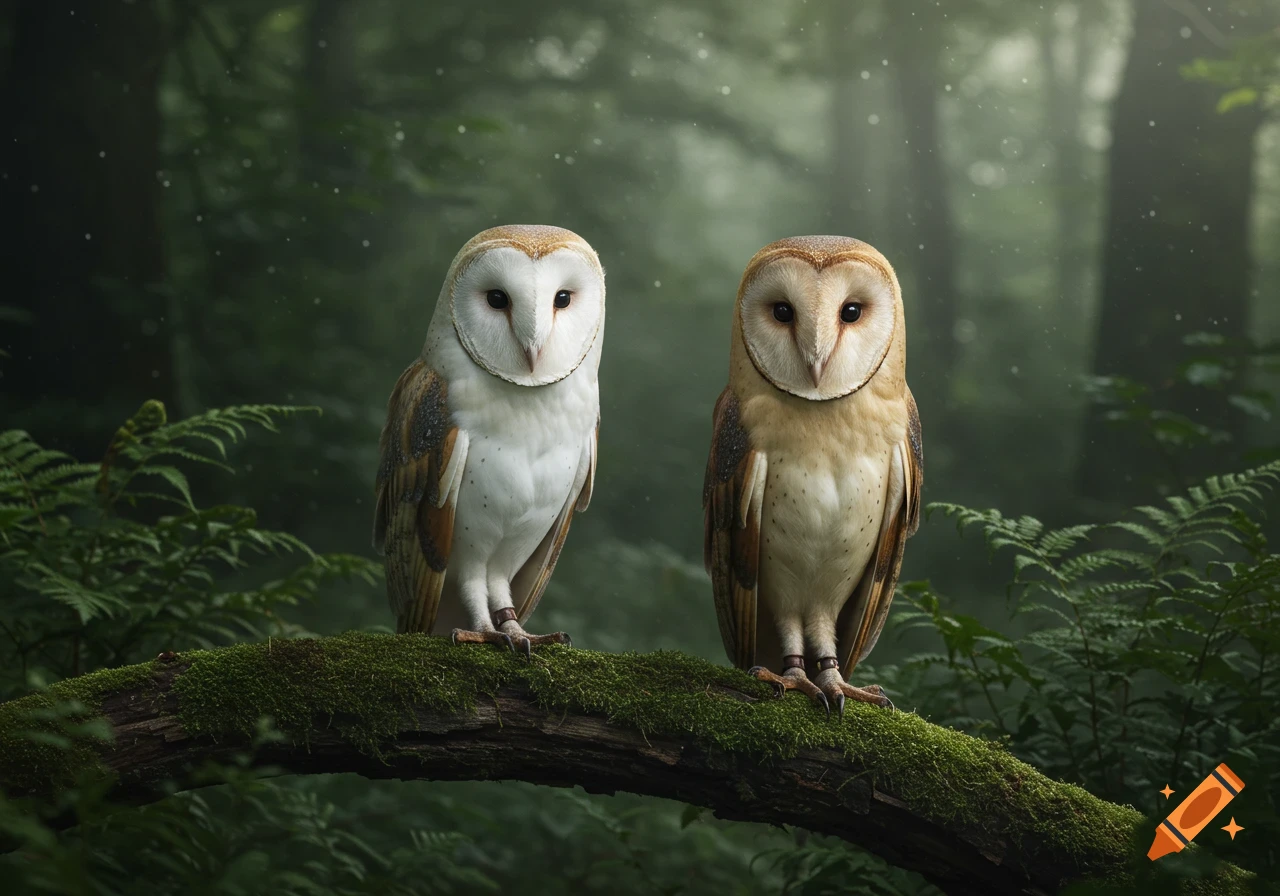 Two photorealistic barn owls, one light, one golden brown, perch on a moss-covered branch in a misty forest.