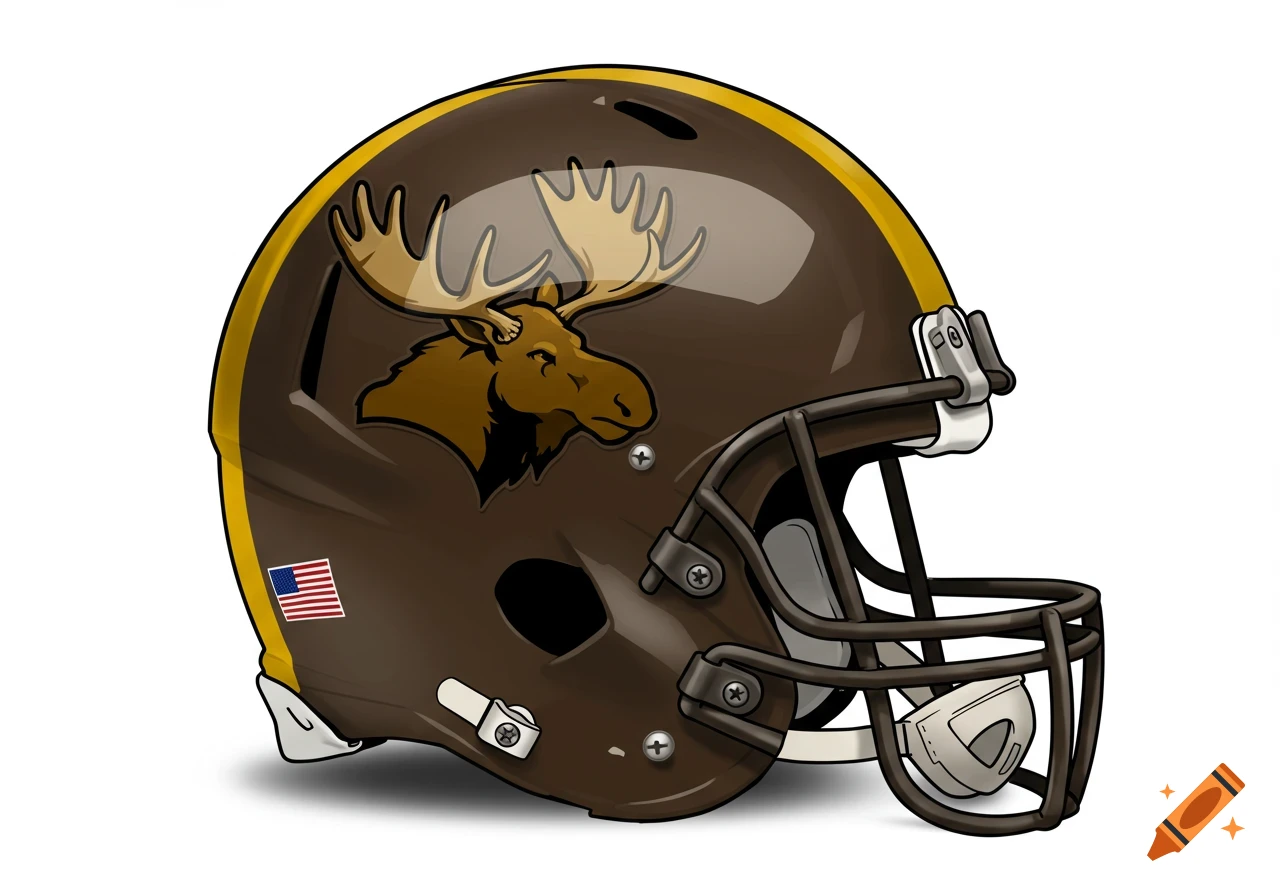 An illustration of a brown American football helmet with a yellow stripe, a moose head logo, and a small American flag sticker.