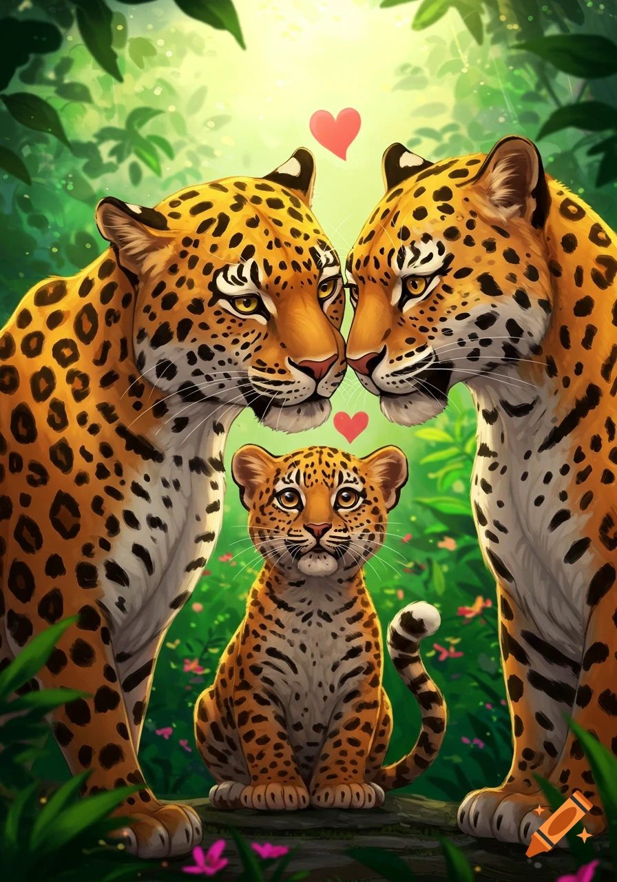 Cartoon of two adult Amur leopards nuzzling, with a cub in front, in a vibrant jungle. Red hearts float above their heads.