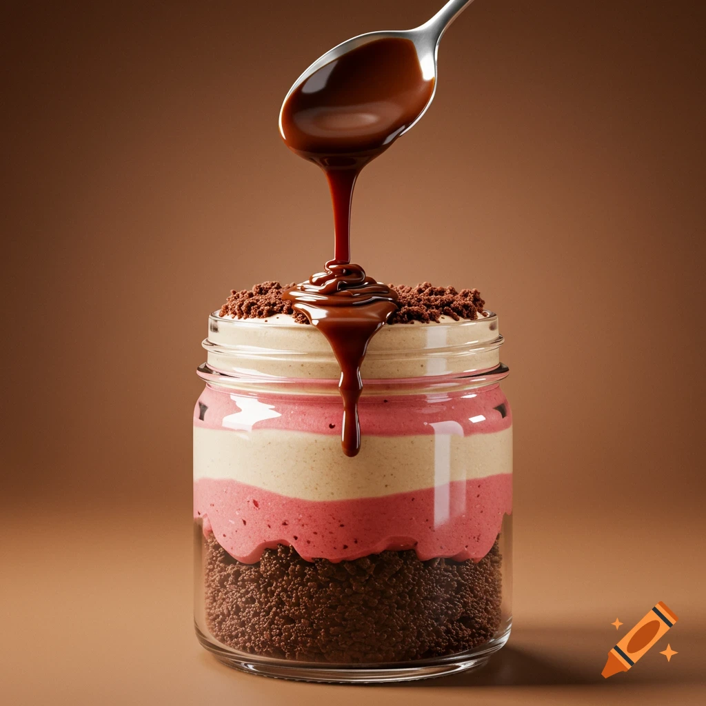 Photorealistic layered dessert in a mason jar with chocolate sauce drizzling from a spoon. Features dark chocolate, strawberry, and beige mousse layers.