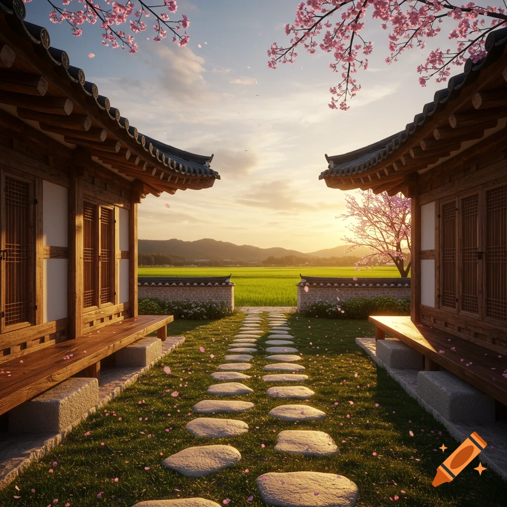 A serene garden path with stepping stones leading between two traditional Korean Hanok houses at sunset, surrounded by cherry blossoms and a distant rice field.