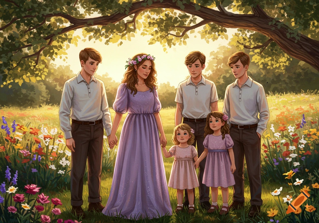 A mother and her five children (three sons, two daughters) holding hands in a sunlit wildflower field, illustration.