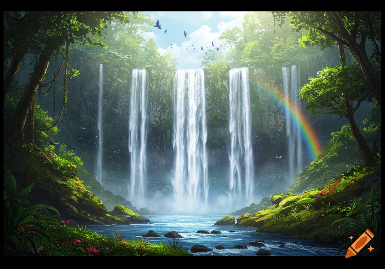 Lush jungle landscape with multiple tall waterfalls cascading into a river, a vibrant rainbow, and birds flying overhead.