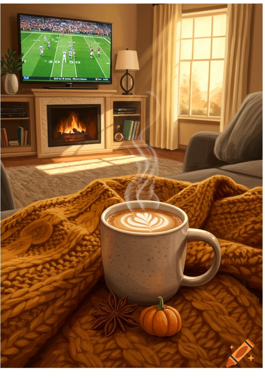 A mug of coffee with latte art on a chunky knit blanket with a small pumpkin and star anise. In the background, a TV shows a football game above a lit fireplace in a cozy living room.