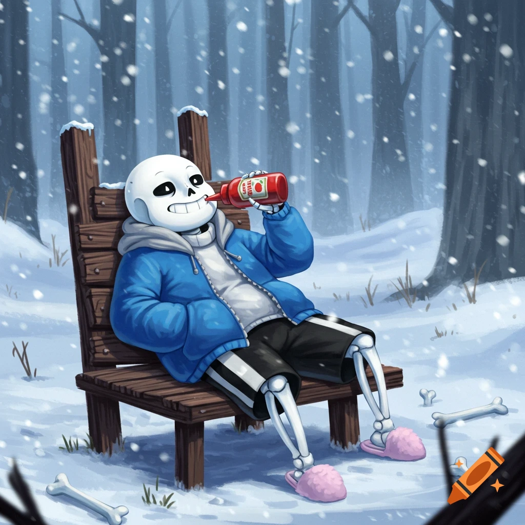 Sans the skeleton character sits on a wooden bench in a snowy forest, drinking ketchup from a bottle while snow falls around him.