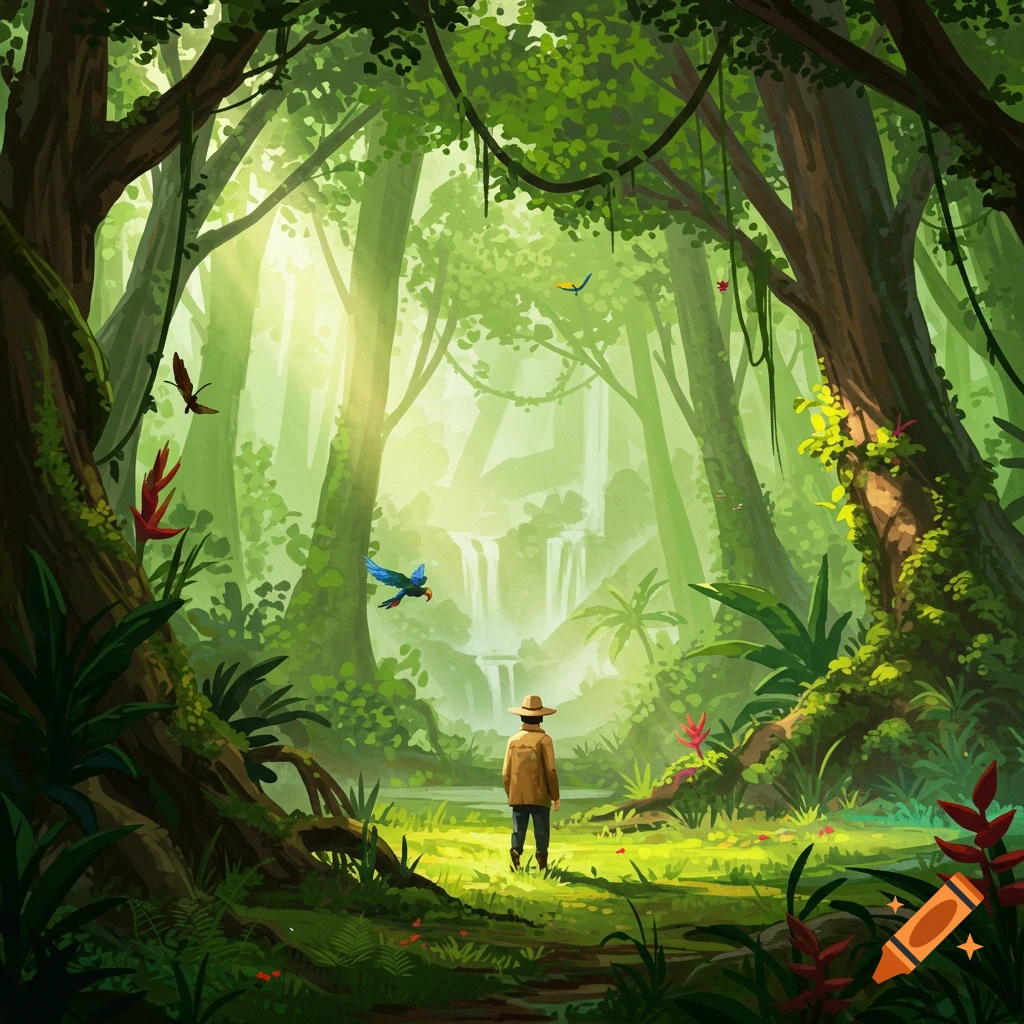 A person in a hat stands on a path in a lush, sunlit rainforest with waterfalls, birds, and vibrant greenery, in a digital art style.