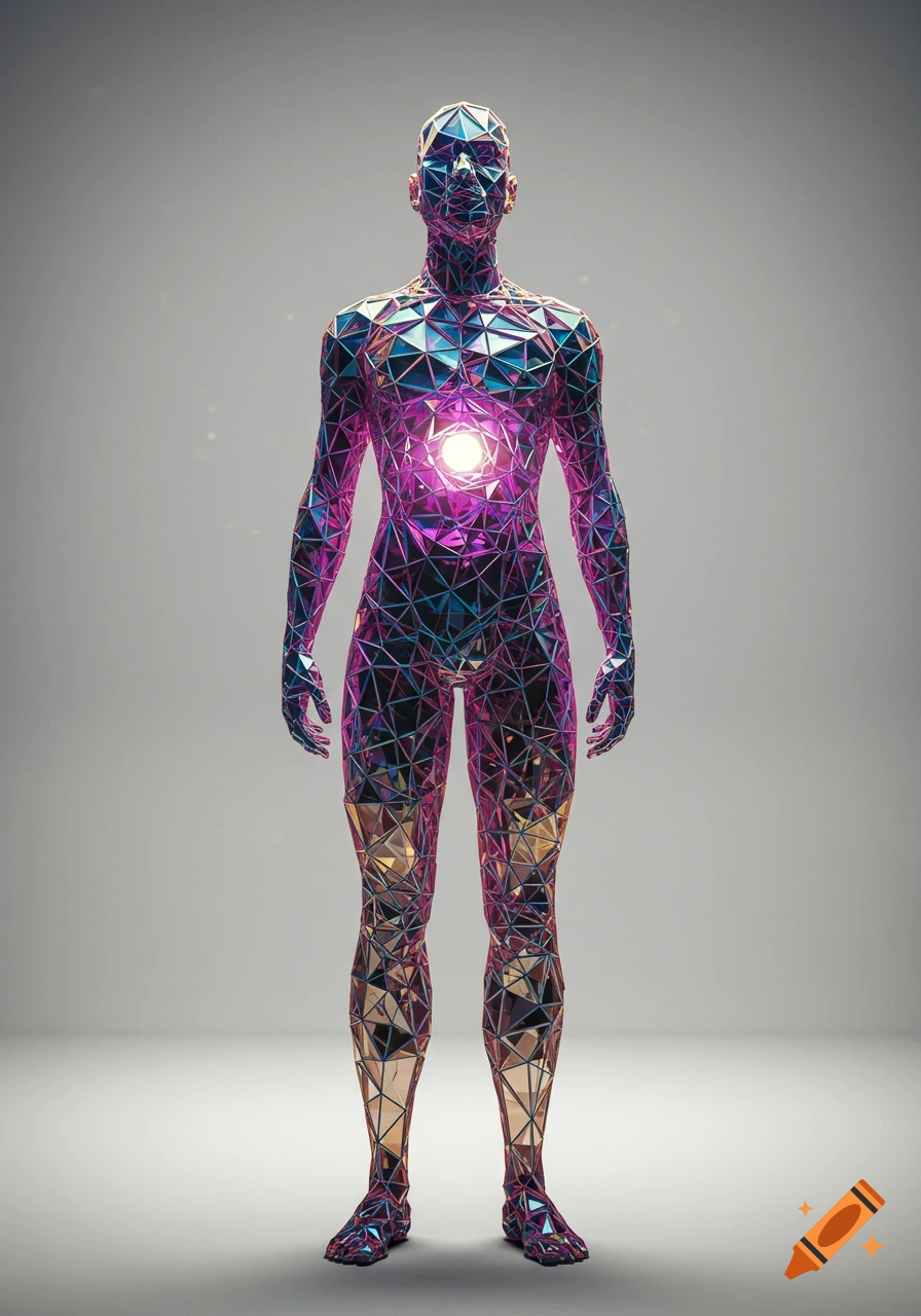 A human-like figure made of shimmering, multi-colored geometric patterns, with a bright glowing light in its chest, standing against a grey background.