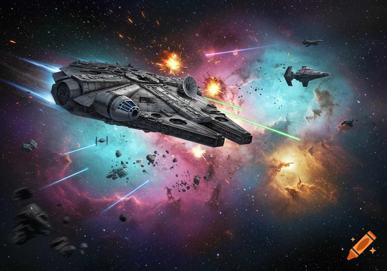 The Millennium Falcon speeds through a colorful nebula, engaging in a laser battle with other starships amidst asteroids.