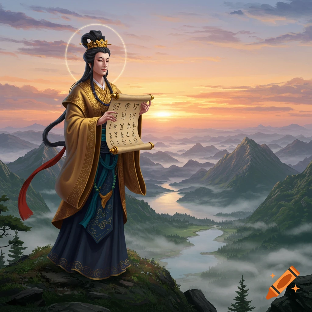An ethereal figure in golden traditional robes and a crown, holding an open scroll, stands atop a mountain overlooking a misty valley and river at sunset. A halo glows around her head.