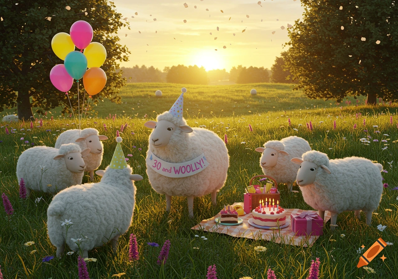 Fluffy sheep in party hats celebrate a birthday in a sunny, flower-filled meadow with a cake, gifts, and balloons. One sheep wears a '30 and WOOLLY!' banner.