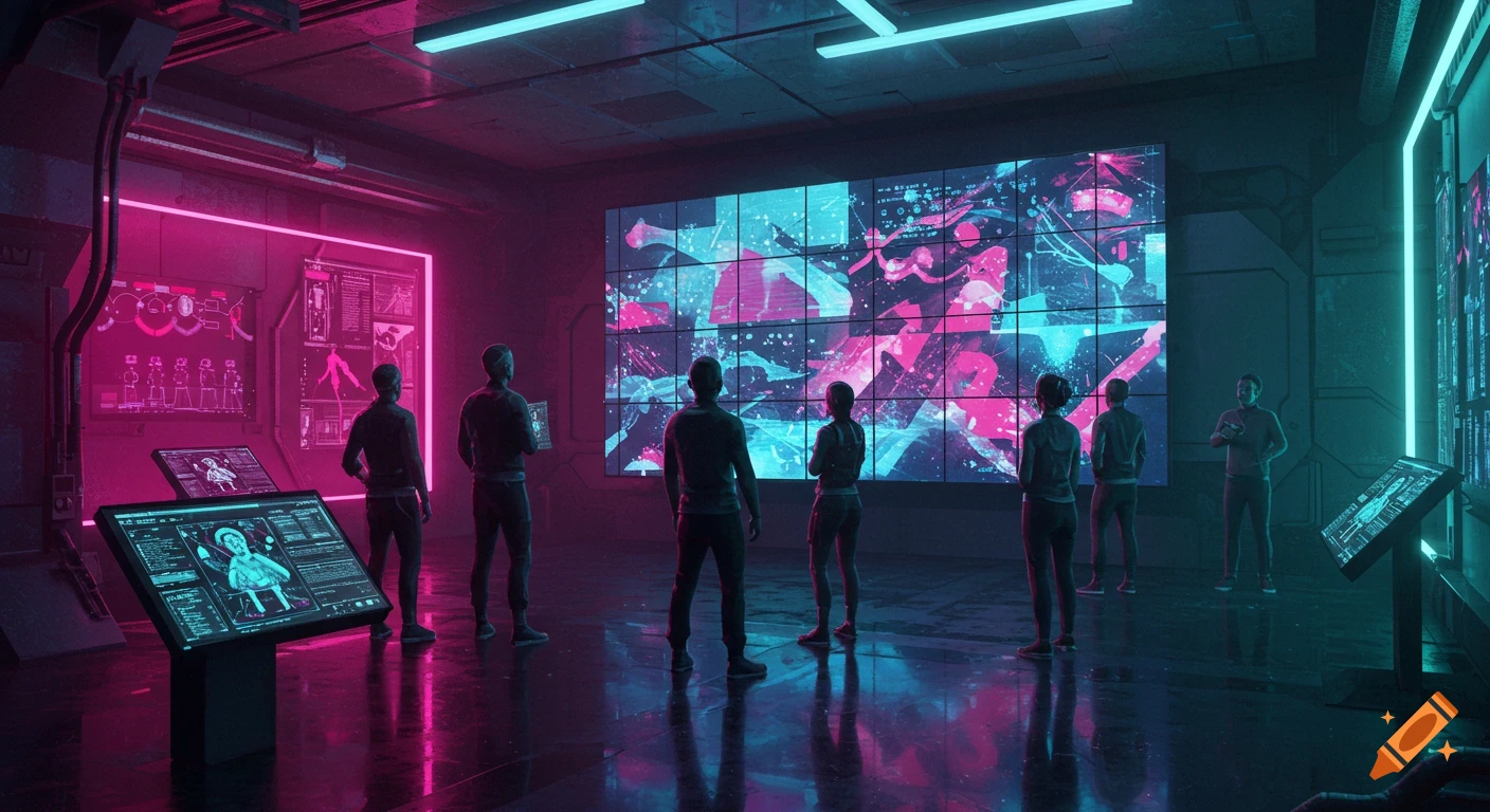 People observe large screens displaying abstract art and data in a neon-lit, futuristic control room with pink and blue lights.