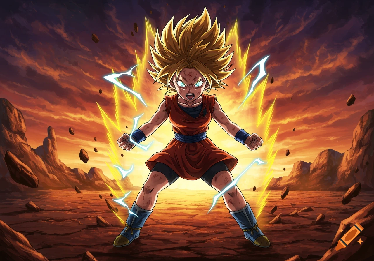 An anime-style female warrior with spiky blonde hair, glowing eyes, and a red gi, powering up with a yellow aura and lightning in a barren landscape.
