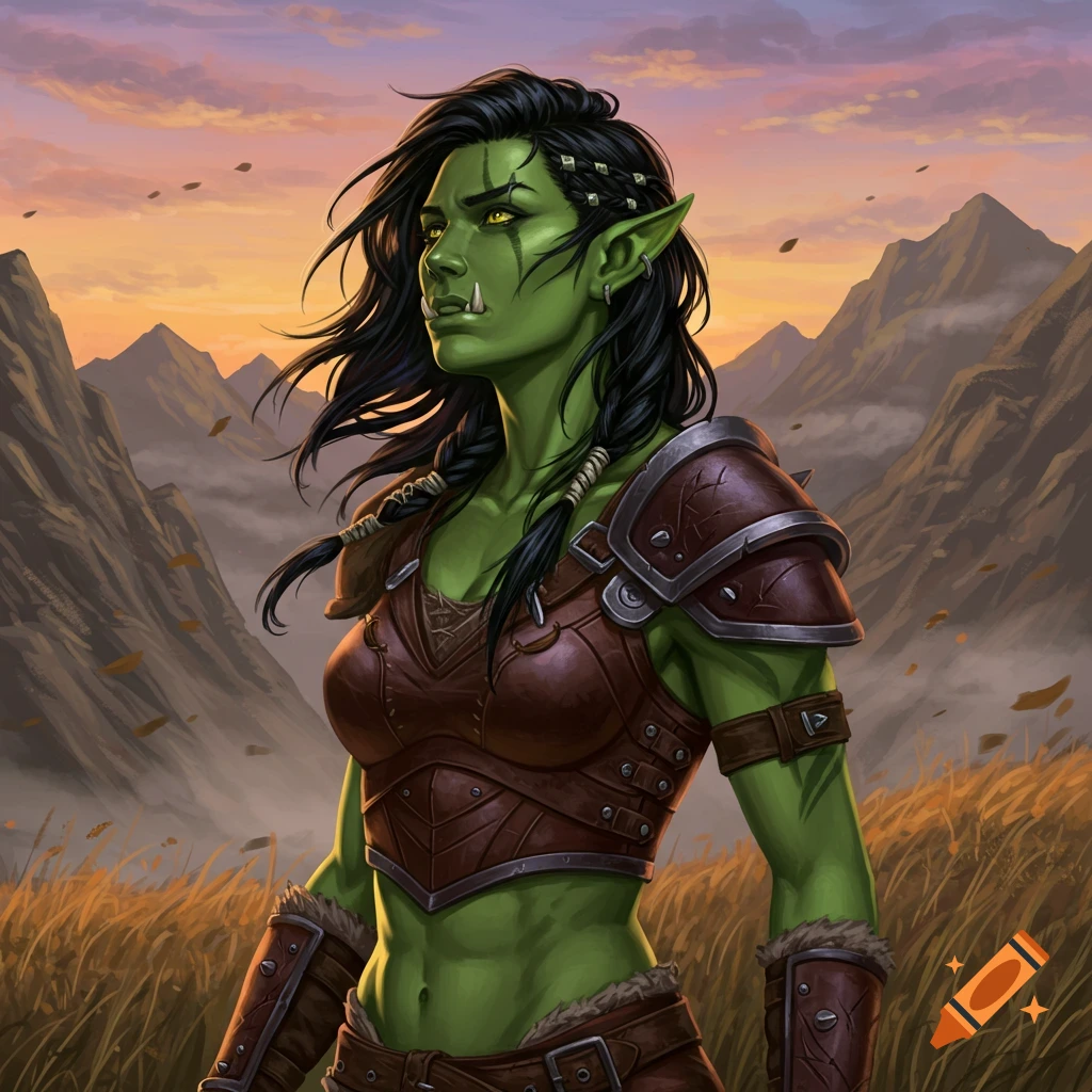 A green-skinned half-orc woman with tusks and black braided hair, wearing leather armor, stands in a field with mountains under a sunset sky.
