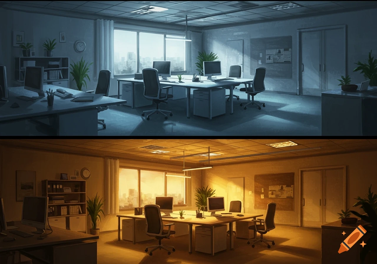 An illustration of an office space, split into two horizontal sections. The top section shows the office with cool, dim lighting, while the bottom section depicts the same office with warm, bright light.