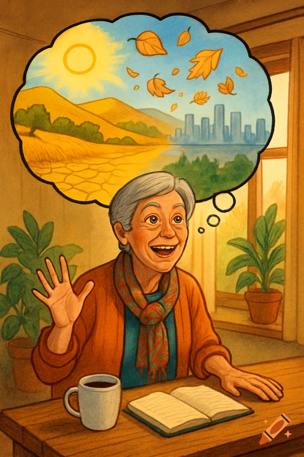 An older woman sits at a table, smiling and waving, with a thought bubble depicting a sunny, dry landscape with a city and falling autumn leaves.
