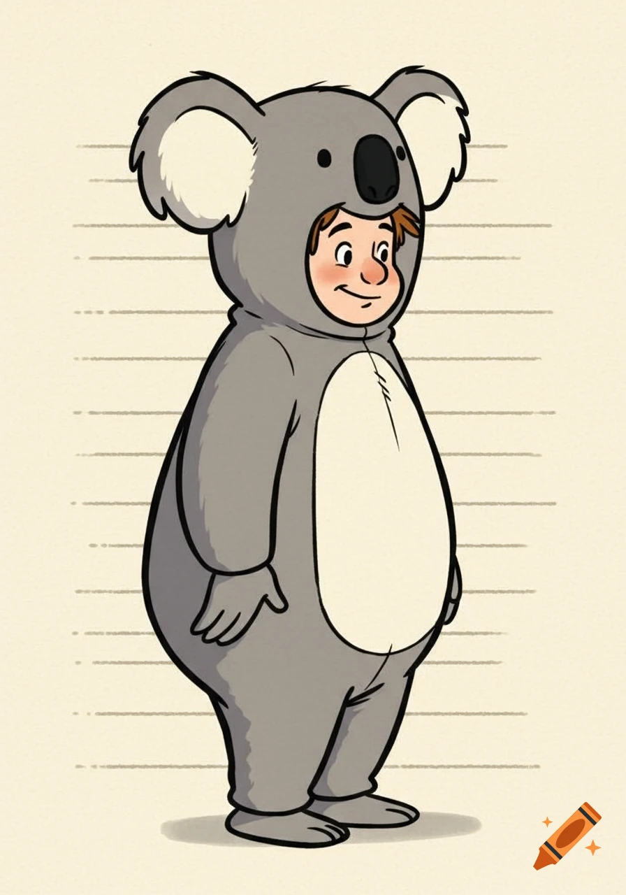 Cartoon illustration of a person in a grey koala suit, standing full body in side view, against a light background.