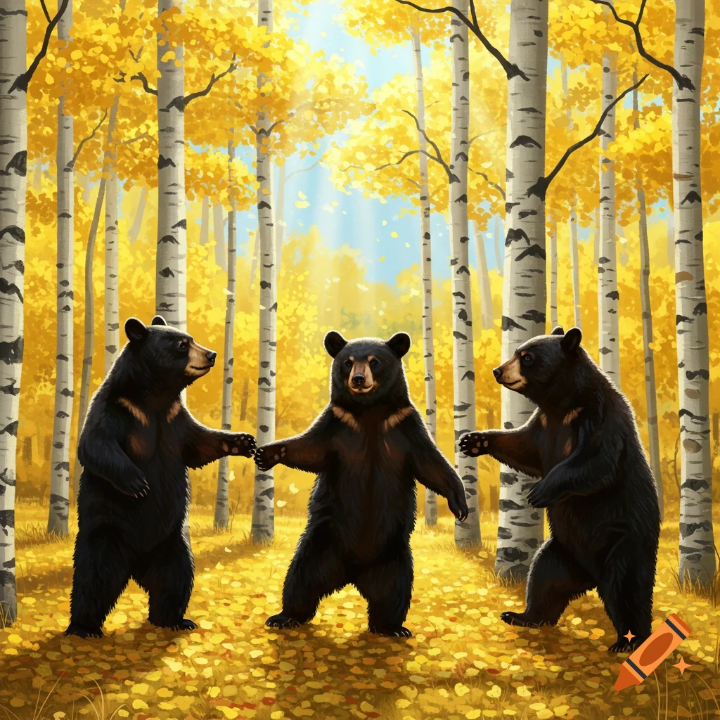 Three black bears stand upright, appearing to dance among yellow aspen trees in an autumn forest.
