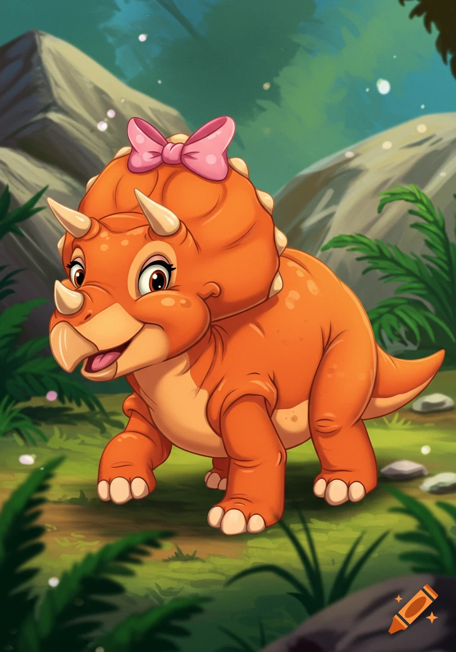 A cute orange cartoon triceratops with a pink bow on its head walks in a green forest.