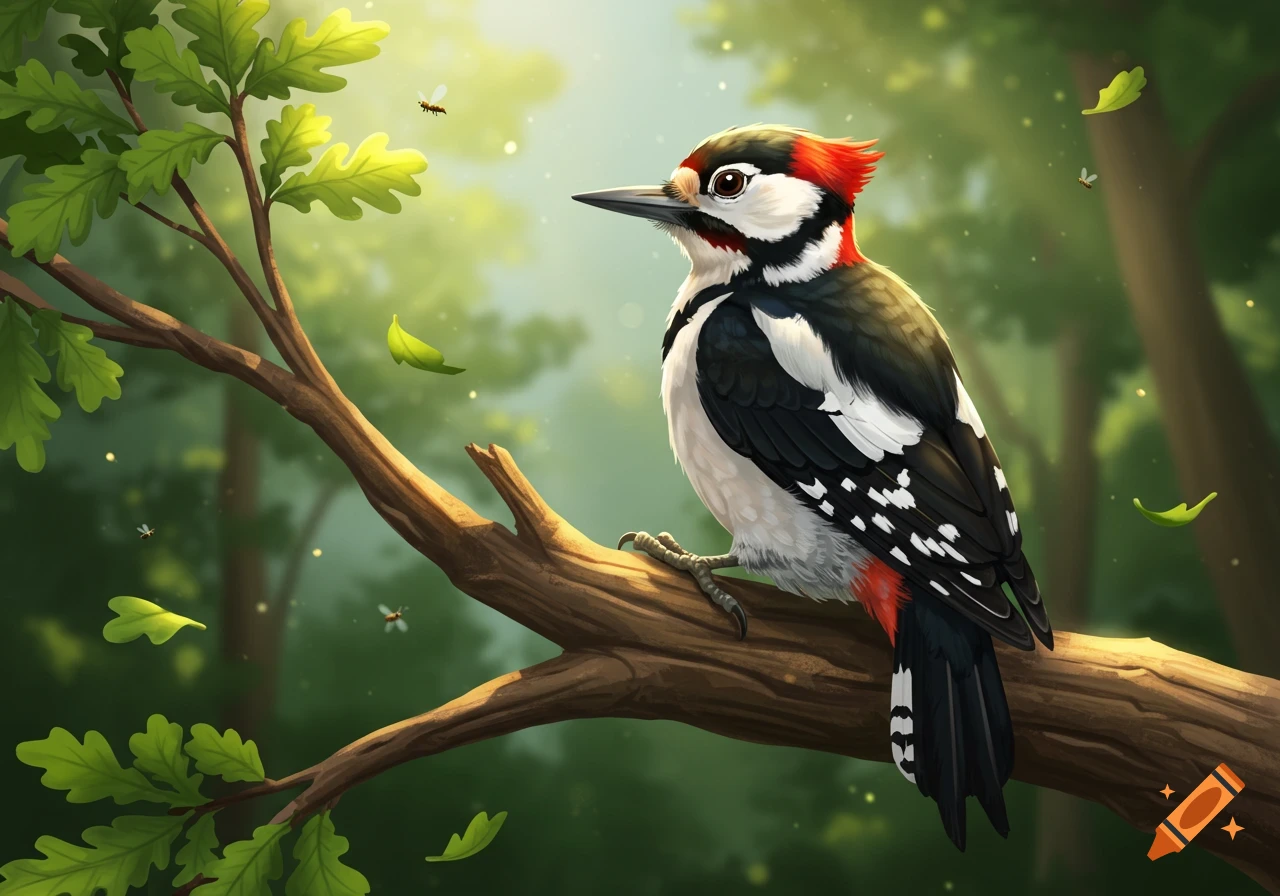 Stylized woodpecker with red, black, and white plumage perched on a tree branch in a sunlit forest.