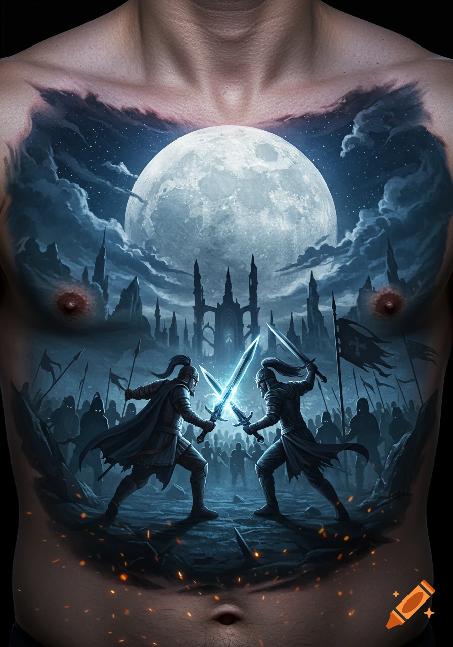A fantasy chest tattoo showing two armored knights battling with glowing swords under a full moon, with a castle and army behind them.