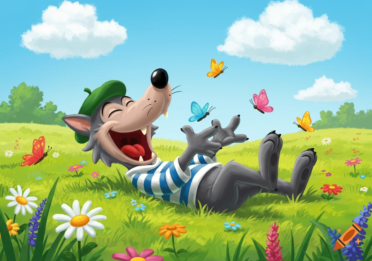 A happy cartoon wolf from Nu Pogodi lies on his back in a grassy field, laughing as colorful butterflies flutter around him.