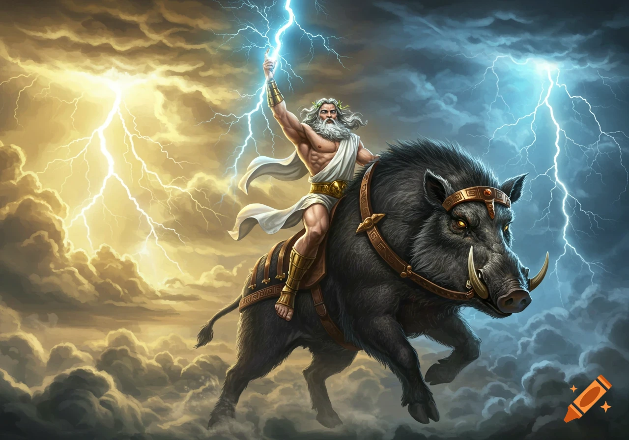 Zeus, the Greek god, riding a fierce armored boar through a stormy sky with lightning, in an epic digital illustration.