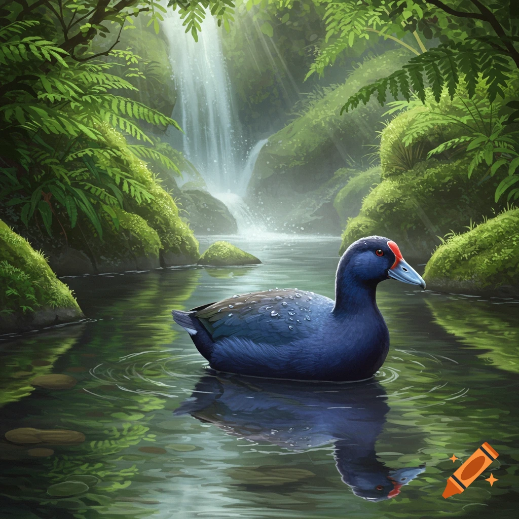 A blue duck with a red face patch and a light blue beak floats in a vibrant green river, with a large waterfall behind it.