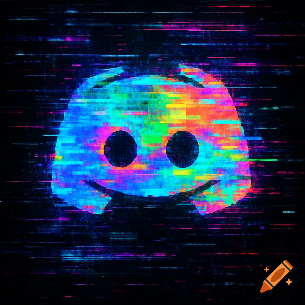 A vibrant, glitching Discord logo in neon colors on a dark digital background.