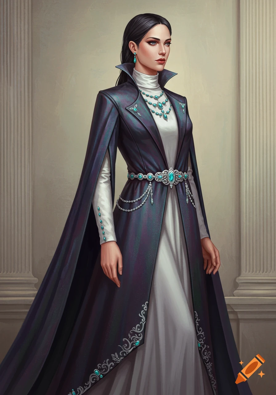 A slender woman with dark hair stands in a full-length, elegant dark purple cape-coat adorned with turquoise jewelry.