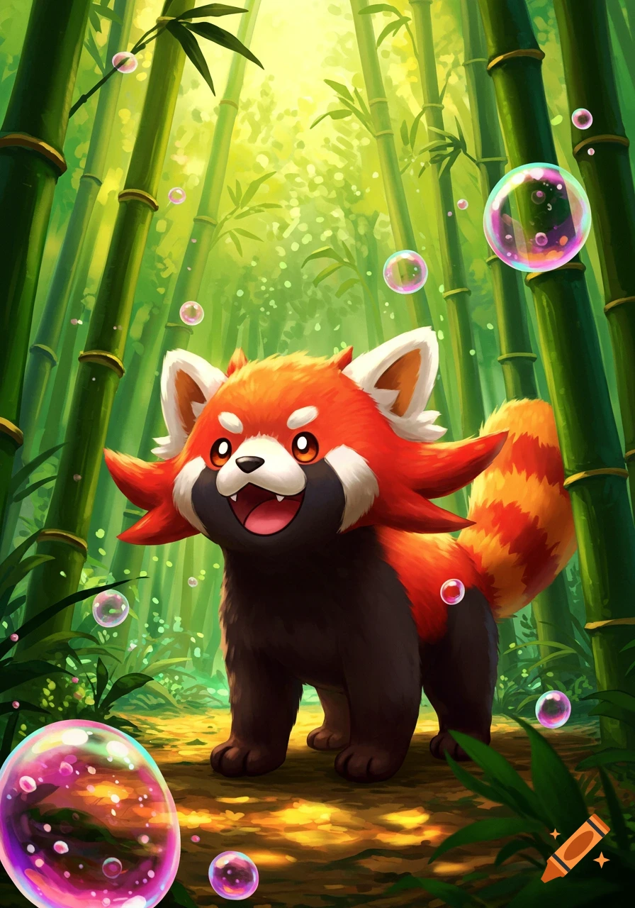 A vibrant illustration of a happy red panda Pokemon in a lush bamboo forest with floating bubbles.