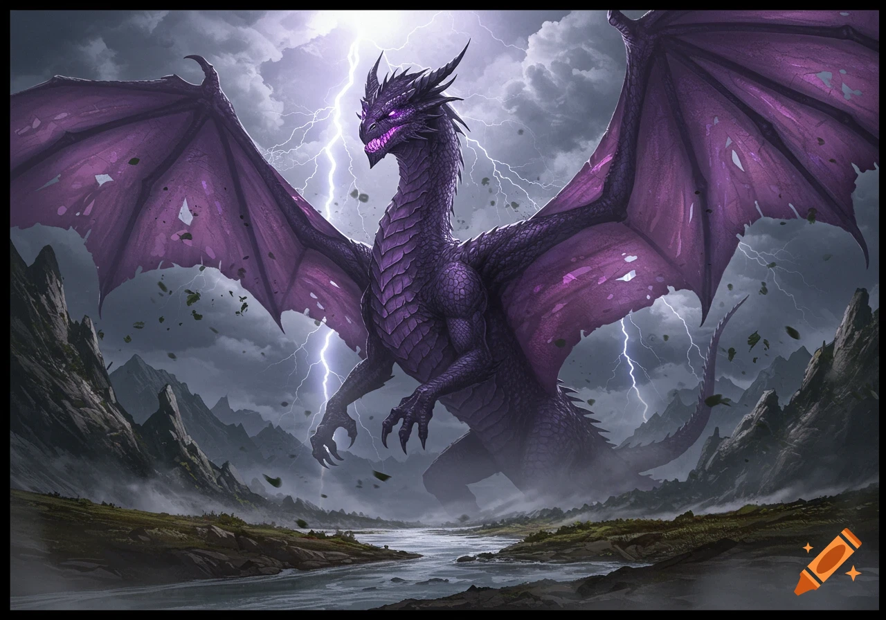 A majestic purple dragon with glowing eyes stands amidst a stormy, mountainous landscape with lightning strikes.