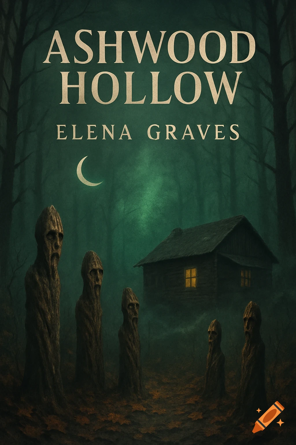 A dark, misty forest scene with a cabin, a crescent moon, and five eerie, gnarled figures. Text reads 'ASHWOOD HOLLOW' and 'ELENA GRAVES'.